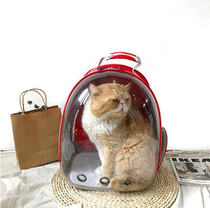 Detail of red space capsule pet backpack featuring transparent window and air vents