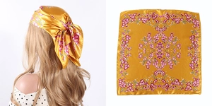 Detail showing the golden satin square scarf with purple floral pattern on model and flat lay