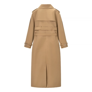 Rear view detail of classic khaki trench coat featuring storm flap and double waist belts