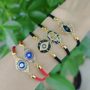 Ethnic Evil Eye Hamsa Hand Woven Rope Bracelet Copper Zircon Micro Inlaid Adjustable Bohemian Jewelry For Women Men