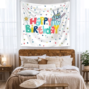 Detail view of Happy Birthday wall tapestry with colorful lettering and cupcake design