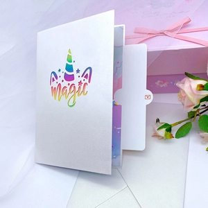 3D unicorn rainbow magic pop up greeting card with envelope and pastel gift decorations