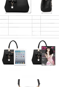 Bow handbag detail with dimensions of 28x19x11cm and size comparison to an iPad
