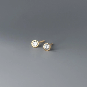 Minimalist S925 silver round stud earrings with sparkling zircon and gold finish