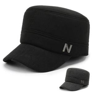 Cadet Cap Winter Flat Top Military Hat Woolen Warm Windproof With Metal Letter N Decoration For Men
