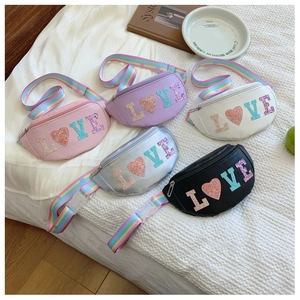 Five assorted sequin waist bags with rainbow straps and LOVE heart letters