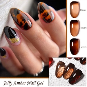 Jelly Amber Nail Gel showing color intensity from one to three layers on nails