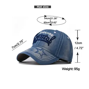 Size chart for washed denim baseball cap with head circumference and brim measurements