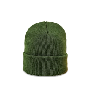 Detailed view of dark green ribbed knit beanie with stylish folded cuff design