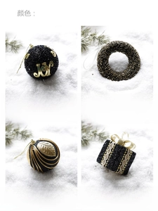 Macro detail of black and gold Christmas ball ornaments with JOY glitter text and beads