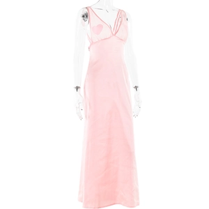 Detailed front view of pink satin slip dress featuring elegant heart-shaped bust panels