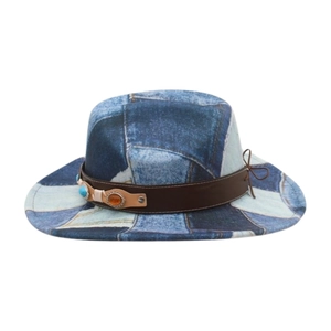 Western style blue denim wide brim hat with brown leather band and turquoise beads