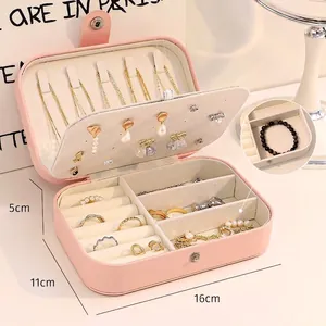 Pink PU leather jewelry organizer box with necklace hooks and adjustable compartments 16x11x5cm