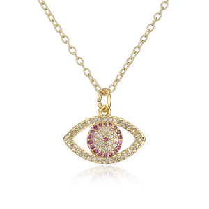 Detail of 18K gold plated necklace featuring a purple zircon evil eye pendant with clear stones