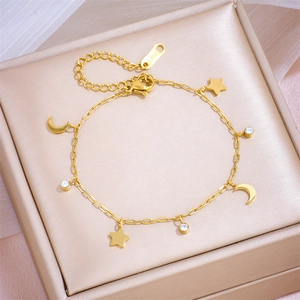 Minimalist gold stainless steel celestial bracelet with star moon charms and zircon accents