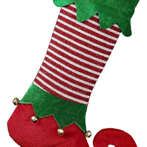 Detail of knit striped elf stocking gift bag with green jagged trim and small gold bells