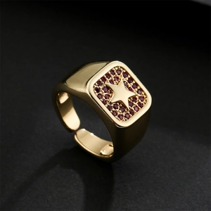 Punk style 18K gold plated open ring with red zircon stones and star motif