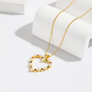 18K gold plated necklace with heart pendant, white pearl and colored cubic zirconia gems