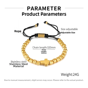 Detail view of gold stainless steel beaded bracelet with cross pendant and rope closure
