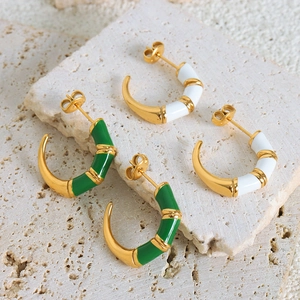 Minimalist enamel bamboo C-shape stud earrings in green and white with gold finish