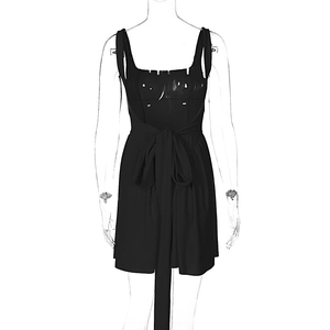 Front view of black sleeveless mini dress with square neck and waist tie on mannequin