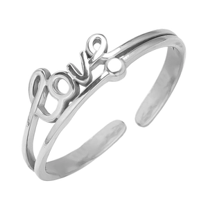 Macro detail of silver 304 stainless steel open ring featuring a stylish LOVE letter design
