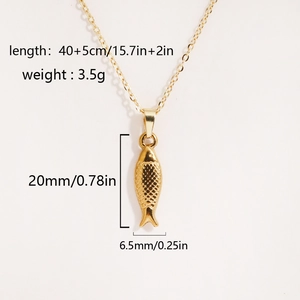 Detail showing 20mm fish pendant dimensions and 45cm chain length on gold necklace