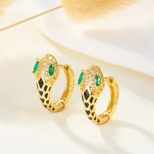 S925 sterling silver snake hoop earrings with green gem eyes and black enamel spots