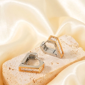 Two-tone geometric copper earrings with cubic zirconia inlay and modern design