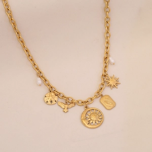 Luxurious gold-plated stainless steel necklace with sun, moon, and pearl pendants
