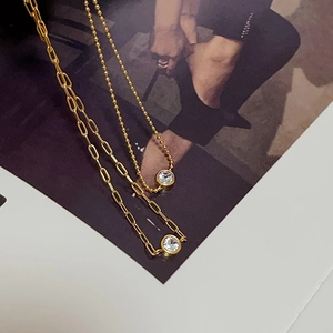 Elegant 18k gold plated paperclip and bead chain necklaces with bezel-set zircon stones