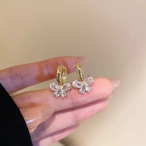 Elegant gold plated butterfly earrings with clear zircons and natural pearls for women
