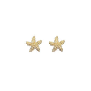 Elegant gold starfish stud earrings with white faux pearl embellishments on white background
