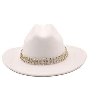 White wool jazz fedora hat featuring silver rivets and crystal rhinestone band decoration