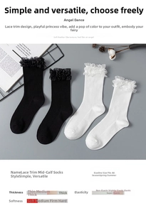 Detail showing white cotton socks with double lace ruffles and vertical ribbed texture