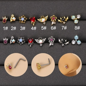 L-Shaped Nose Stud Piercing Jewelry Stainless Steel Colored Zircon Opal Heart Star Wings Shape Fashion For Women