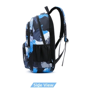 Side view of camo backpack featuring durable nylon fabric and breathable shoulder straps