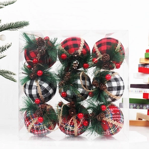 9-piece set of red and black plaid Christmas tree ornament balls with pine cone accents