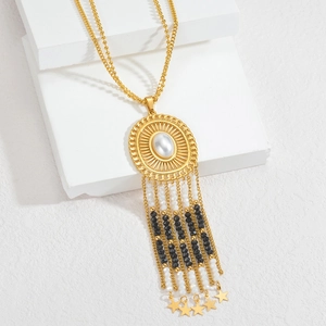 Bohemian gold stainless steel hollow pendant necklace with white pearls and long tassels
