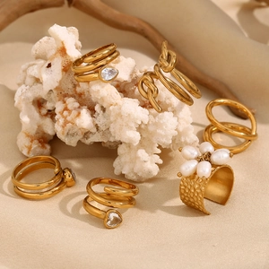 6-piece 18K gold plated multi-layer snake ring set with pearls and zircons for women