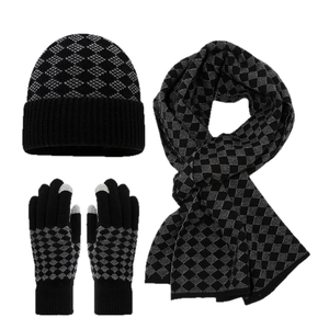 Winter 3-piece knit set with scarf, beanie and touchscreen gloves in black grey argyle