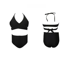 Vorder- und Rückansicht des schwarzen Zweiteilers mit High-Waist-Bikini und Neckholder
