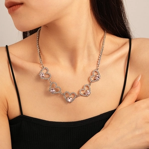 Hollow Heart Necklace Alloy Zircon Rhinestone Pink Crystal Tennis Chain Choker Elegant Chic Gift For Women