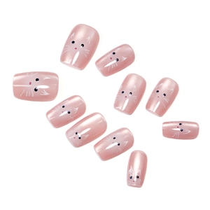 Pink cat eye reusable press-on nails with cute cat face design and pearl luster finish