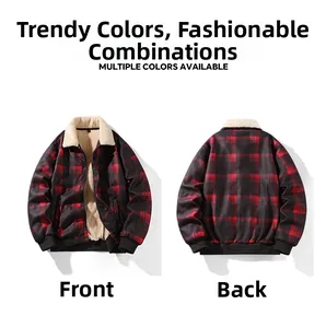 Front and back view of red plaid sherpa lined jacket with warm fleece collar