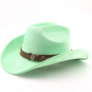 Detail of mint green western cowboy hat with brown leather band and silver buckle