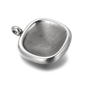 Close-up of a silver stainless steel square pendant base with a smooth inner bezel tray