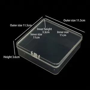 Detail of square transparent PP plastic storage box showing inner and outer dimensions