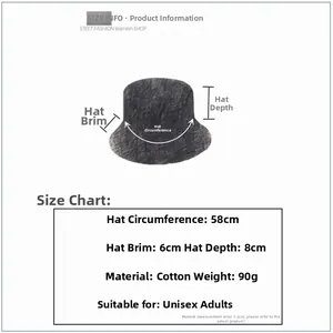 Guide des tailles du chapeau bob en coton avec 58cm de tour de tête et 6cm de bord