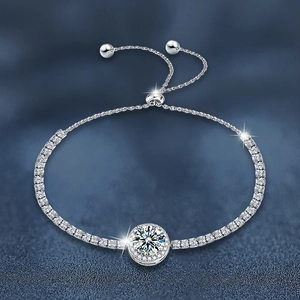 Adjustable 925 sterling silver bracelet with round brilliant moissanite and pavé set diamonds